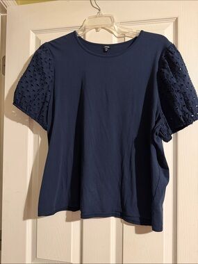 Express Navy Eyelet Puff Sleeve Tee - Women